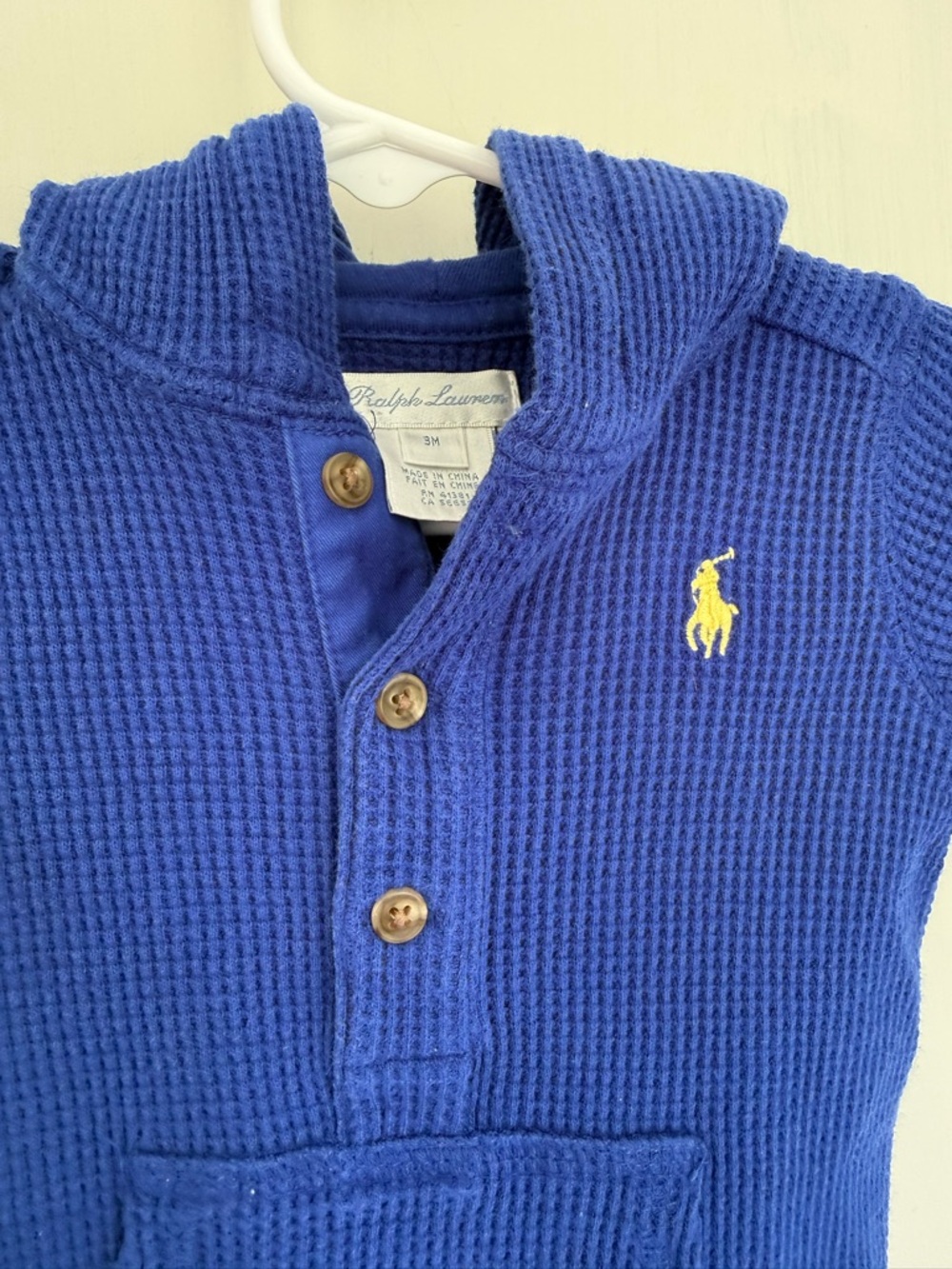 Ralph Lauren Blue Hooded Waffle Knit One-Piece with Polo Logo